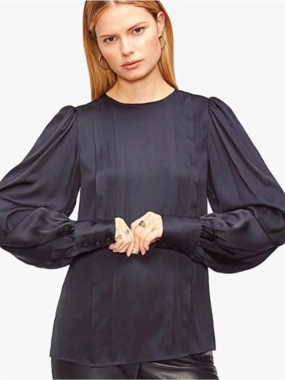 Anine Bing Silk Black Pleated Long-Sleeve Blouse